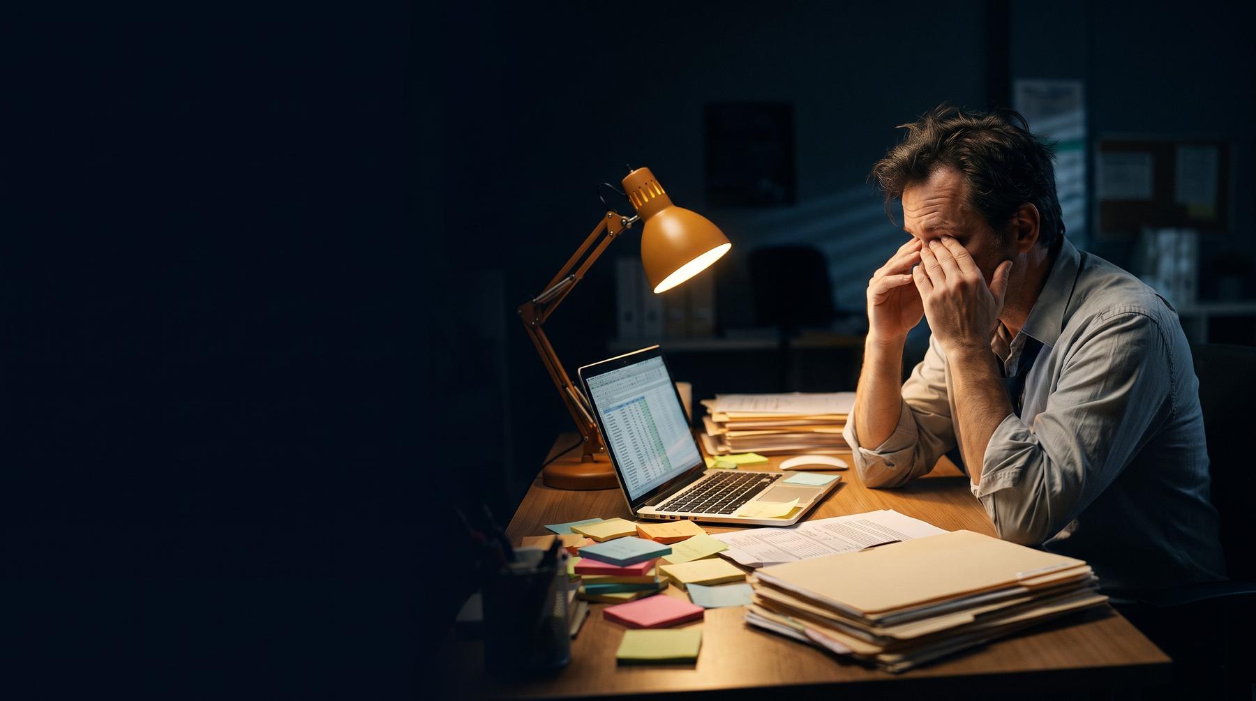 Un gestionnaire épuisé à son bureau, couvert de post-its et de dossiers, en soirée