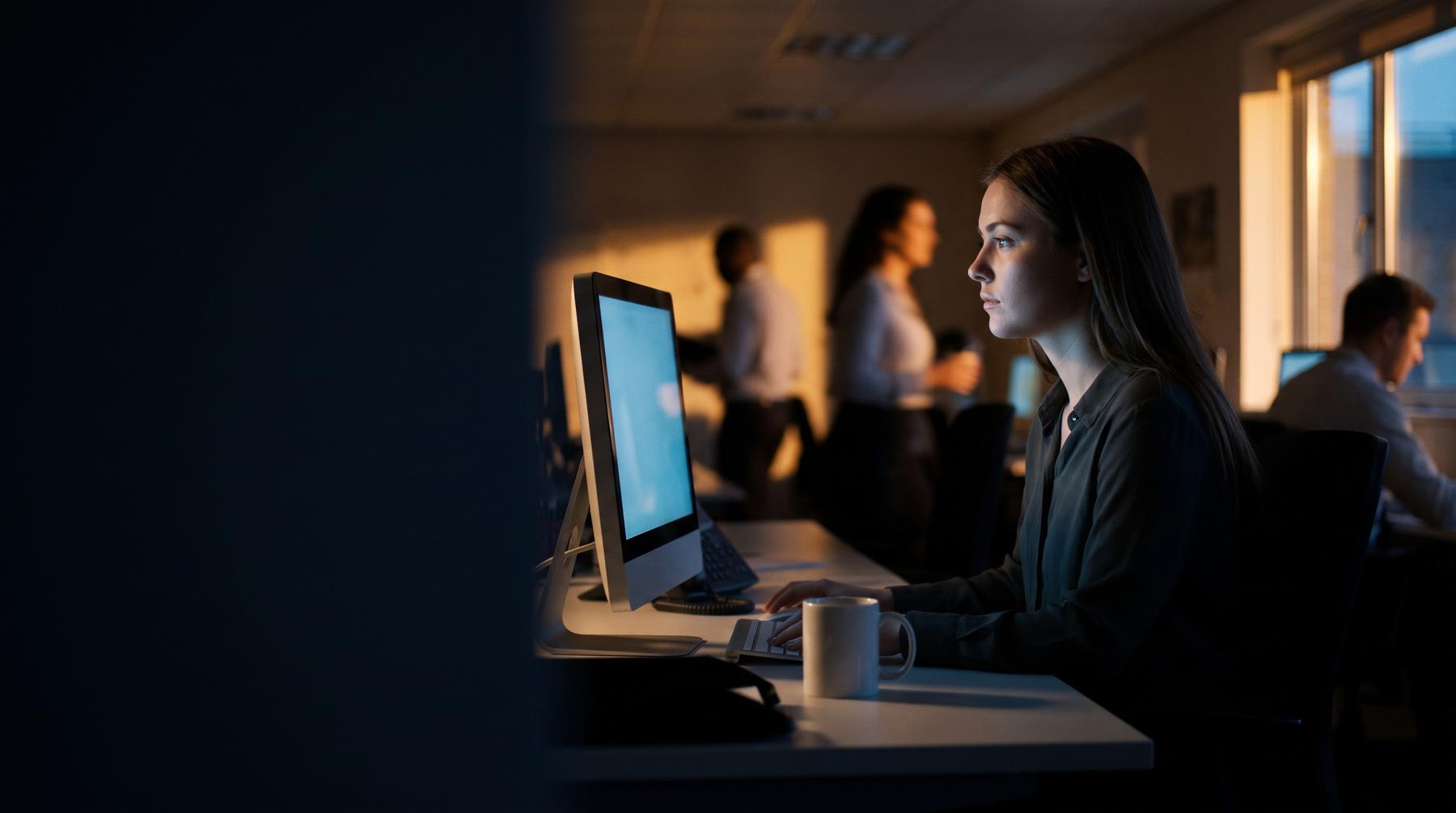 Une employée fixe le vide devant son écran dans un bureau à aire ouverte