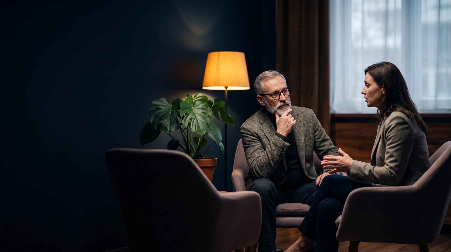 Un conseiller écoute une gestionnaire dans une petite salle de rencontre confidentielle